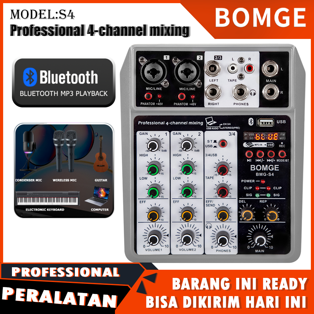 BOMGE Audio Mixer mini mixer 4 chanel Profesional, Konsol Mixing Papan Suara dengan Efek Penundaan G
