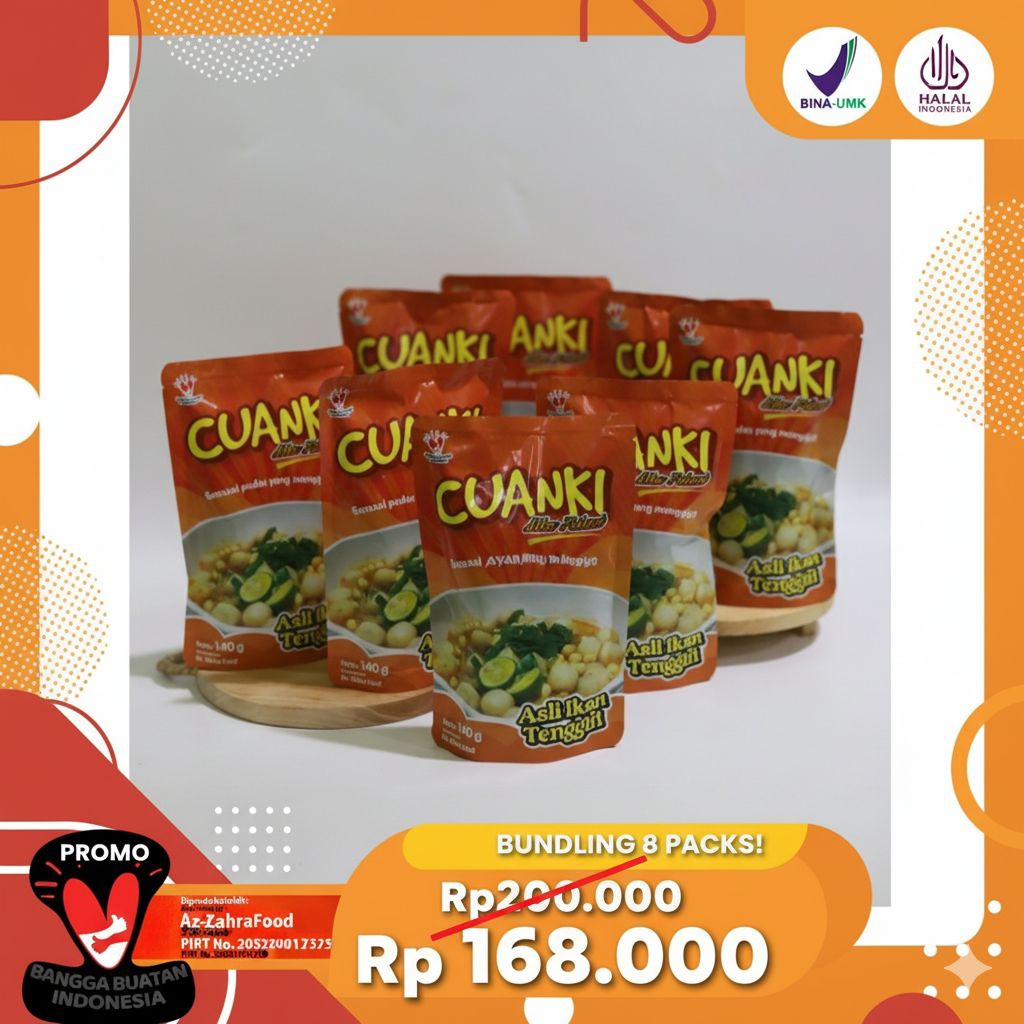 

BUNDLING 8 BUNGKUS CUANKI MIX PREMIUM DHE FAHMI | ASLI IKAN TENGGIRI | PEDAS | INSTAN | MURMER | MURAH | KHAS BANDUNG