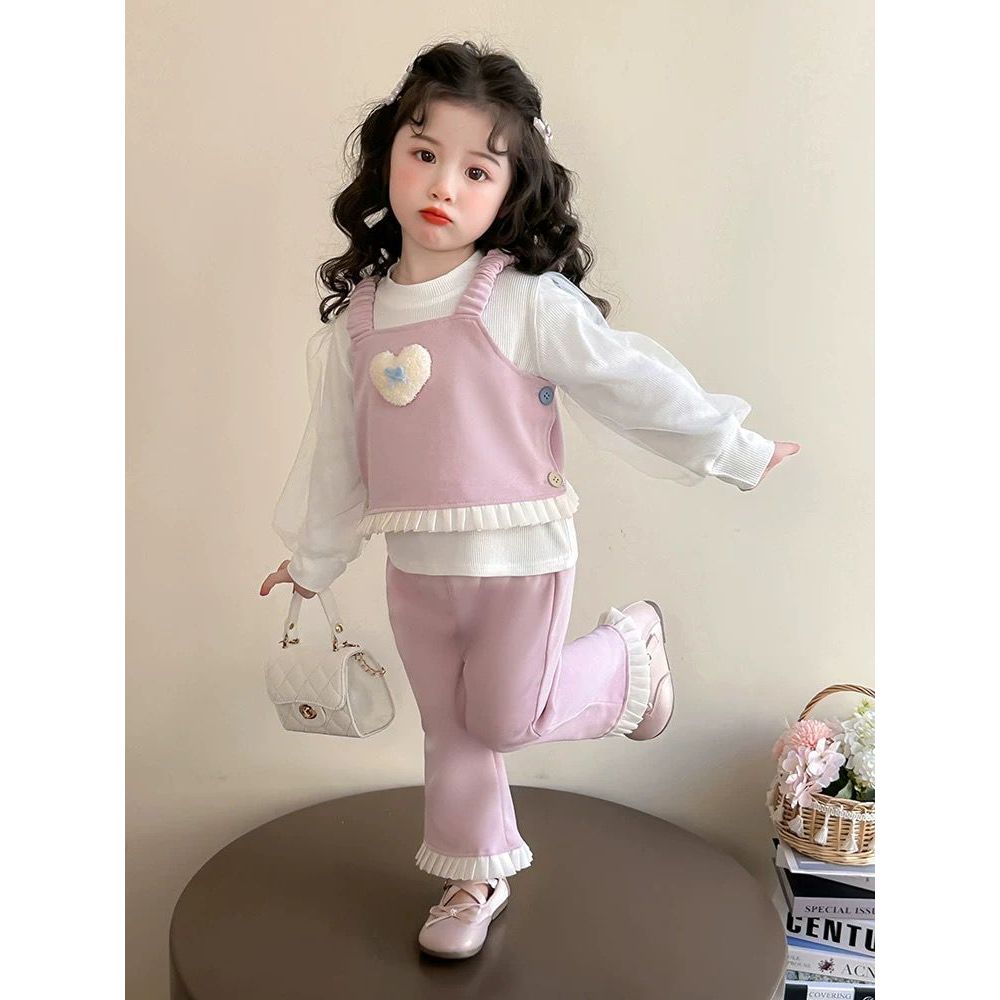 Setelan Trendy Terbaru Anak Perempuan Model Baju Lengan Panjang Balon Kombinasi Outer Rompi Motif Bo