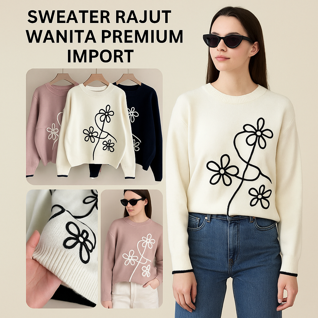 Sweater Rajut Wanita Premium Import Motif Bunga Oversize Hangat & Stylish