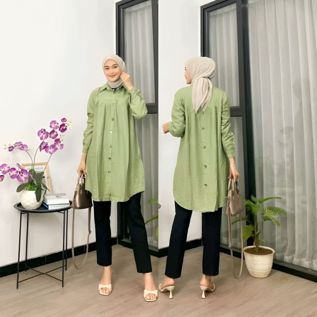 Zeva Tunik Polos Bahan Polo Linen Halus Nyaman Adem Kancing Depan Belakang Lengan Panjang