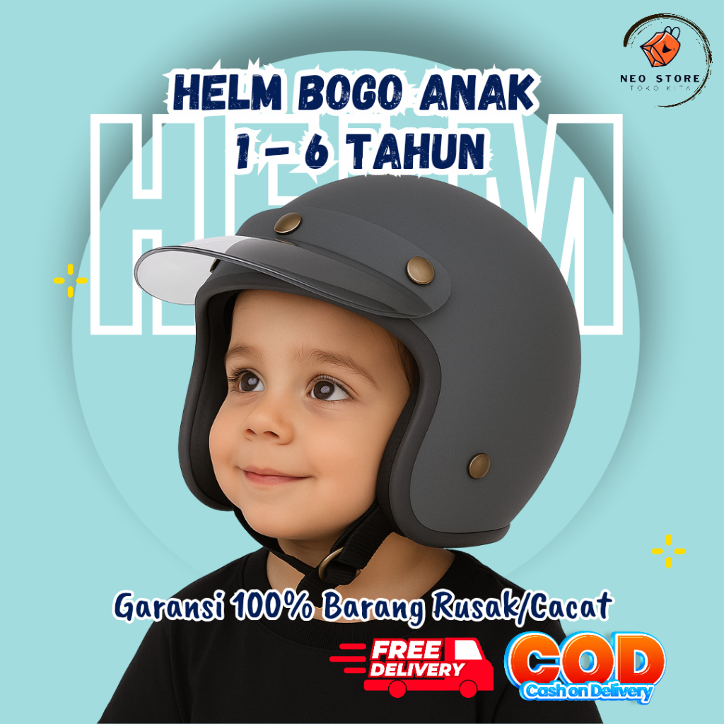 Helm Anak Bogo Lucu SNI 1–6 Tahun – Helm Motor Balita Retro Keren Cowok Cewek, Aman & Nyaman