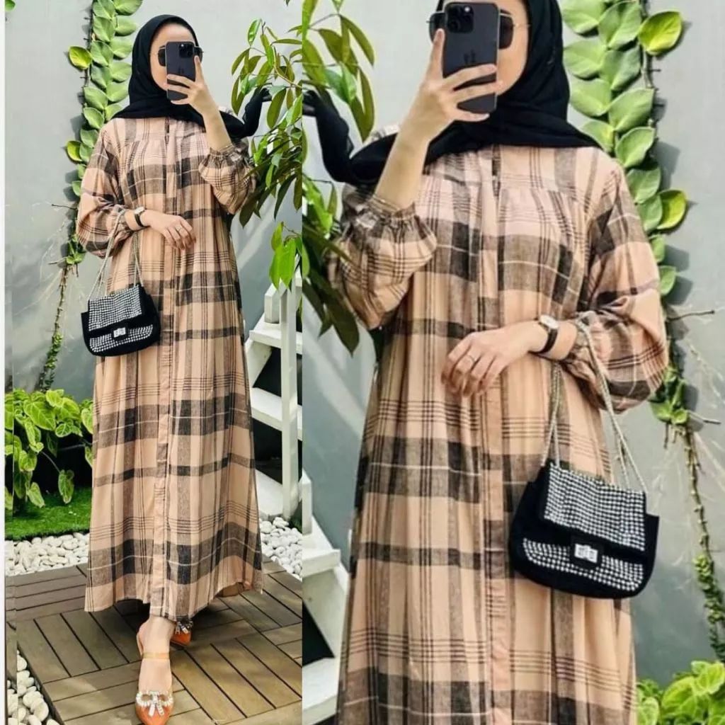 Premium Gamis Gauri Dress Rayon Motif Kotak Kotak Terbaru