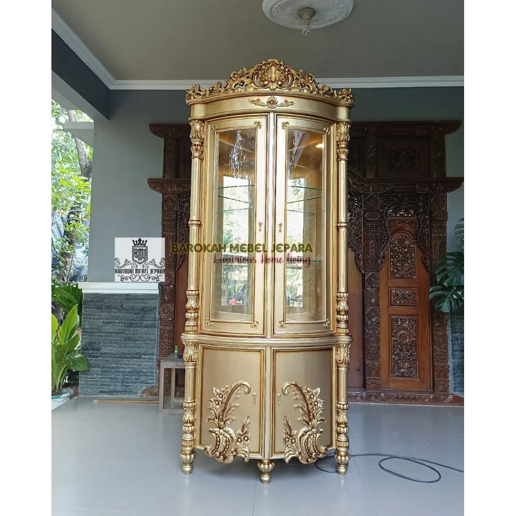 lemari sudut ukiran jati finishing full emas mewah bufet sudut jati mewah jepara lemari hias sudut k