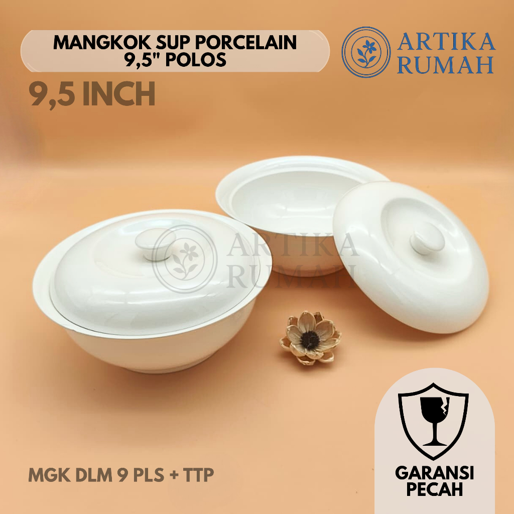 Mangkok Keramik Porselen Sup Tebal Dengan Tutup Warna Putih Polos ukuran 9,5 inch - Mangkok Ukuran B