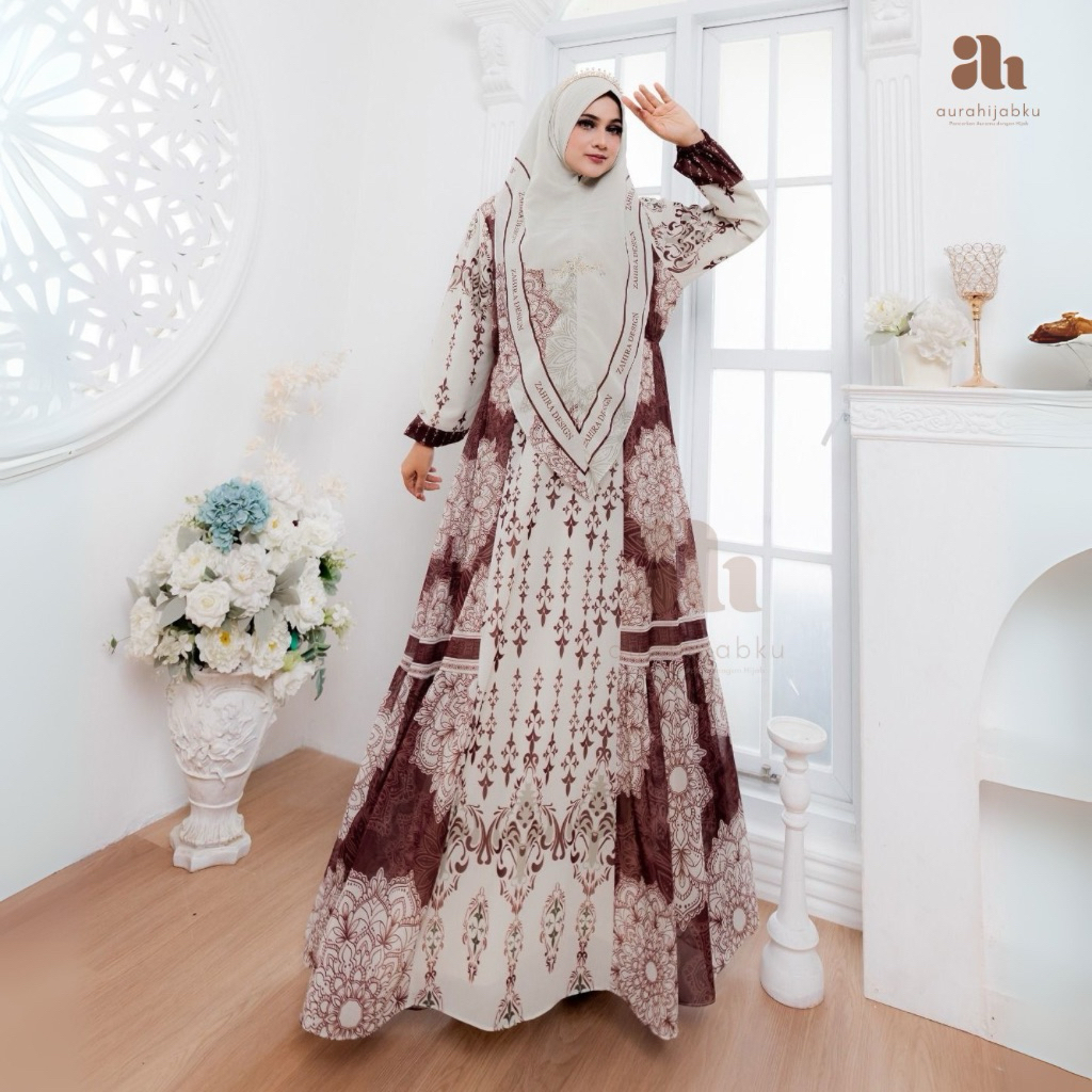 [760]Aurahijabku Dress Hawa - Dress Syari Cantik Motif Elegan - Gamis muslimah Mewah Dengan khimar S