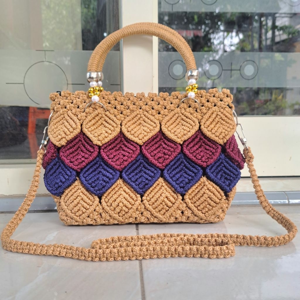 Handbag Talikur Pesta Motif Rajut Mutiara set Dompet / Tas Rajut Tali Kur  Wanita Tas Talikur Jumbo 