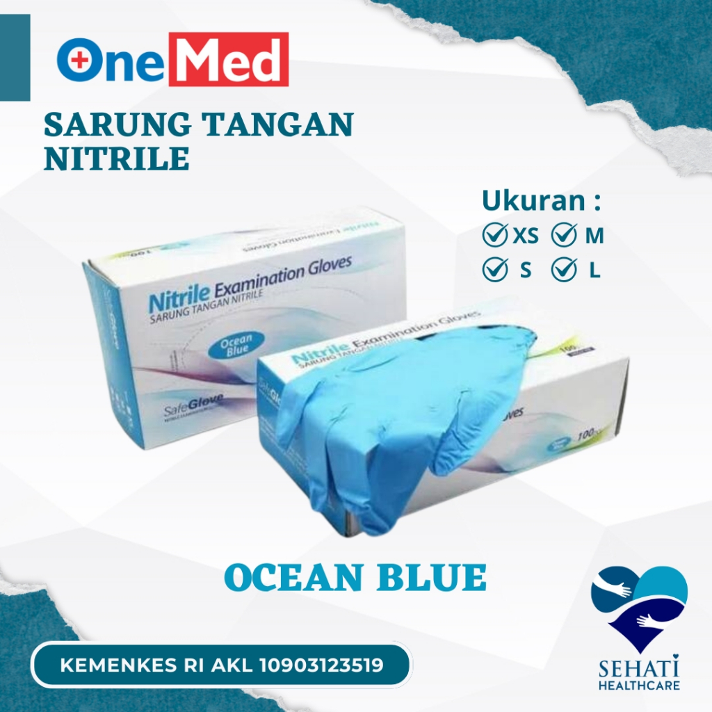 Onemed Sarung Tangan Nitrile Ocean Blue Ukuran XS S M L Medis  Handscoon Handscon Handskun Karet Lat
