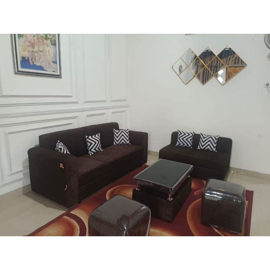 SOFA L PUTUS SELONJORAN  2 SOFA KOTAK ATAU 2 STOOL BULAT