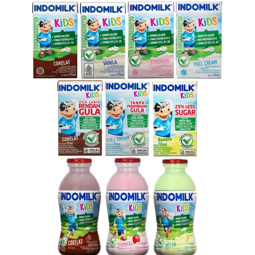 INDOMILK Kids Susu UHT banana strawberry Chocolate low fat vanilla paket isi 6 botol cokelat strawbe