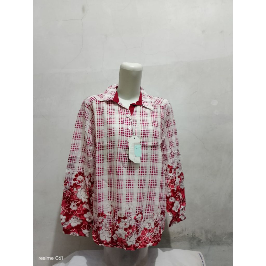 Promo Blouse Baju Kemeja Wanita MPD Emba Lengan Panjang Check Red Size M, L