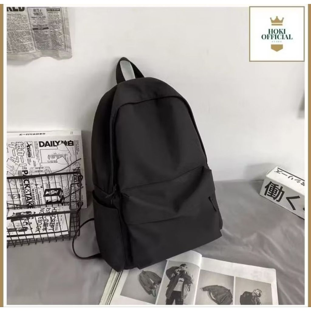 (COD)Tas Ransel Pria Wanita Tas Casual/Sekolah Warna Hitam Polos Tas Sekolah SD,SMP,SMA