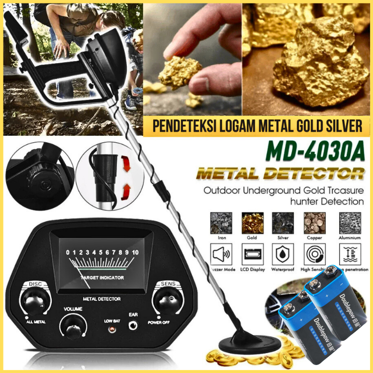JAYA King Detector Alat Pendeteksi detektor emas berlian dalam tanah dan logam + 2 Baterai 9V MD4030