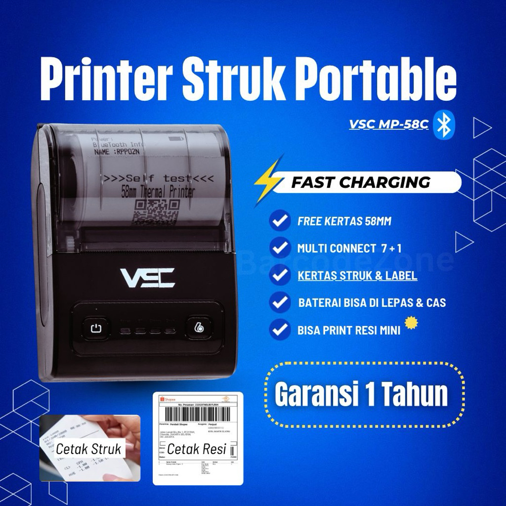 PRINTER BLUETOOTH THERMAL STRUK KASIR VSC MP-58C - HITAM - CETAK PDF ALAMAT SHOPEE GAMBAR