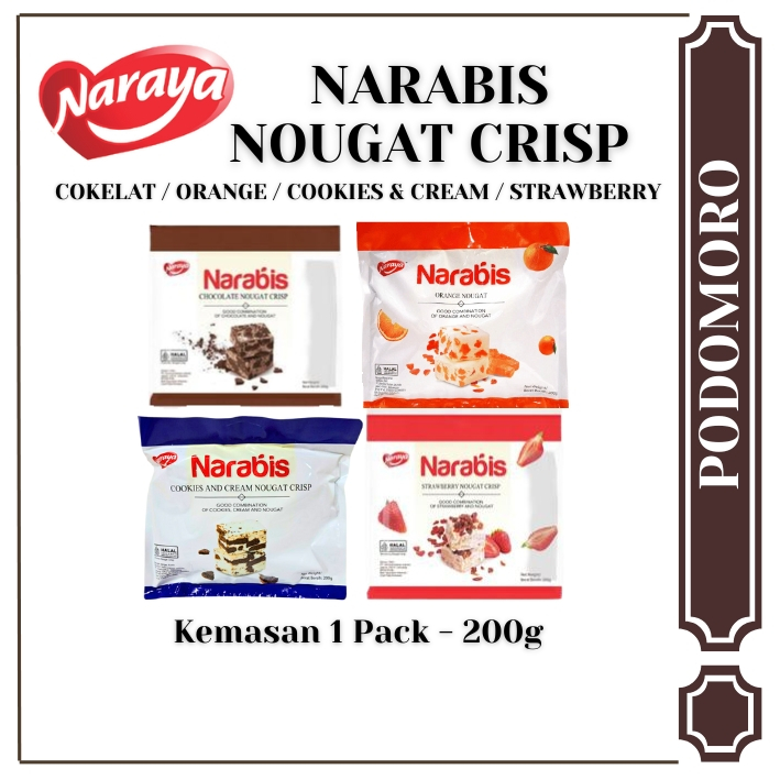 

Naraya Narabis Nougat Crips 200gr Cokelat / Strawberry / Cookies & Cream / Orange - Snack enak bermutu