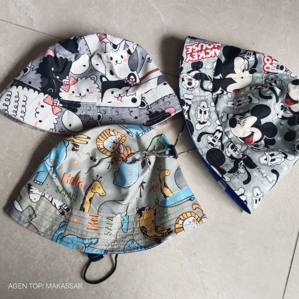 TOPI BUCKET TALI ANAK MOTIF KARAKTER LUCU / TOPI ANAK TK / READY MAKASSAR
