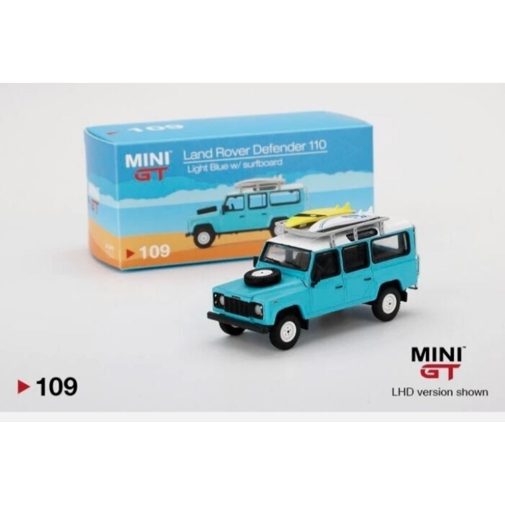 Mini GT 1:64 Land Rover Defender 110 Light Blue W/ SurfBoard No 109