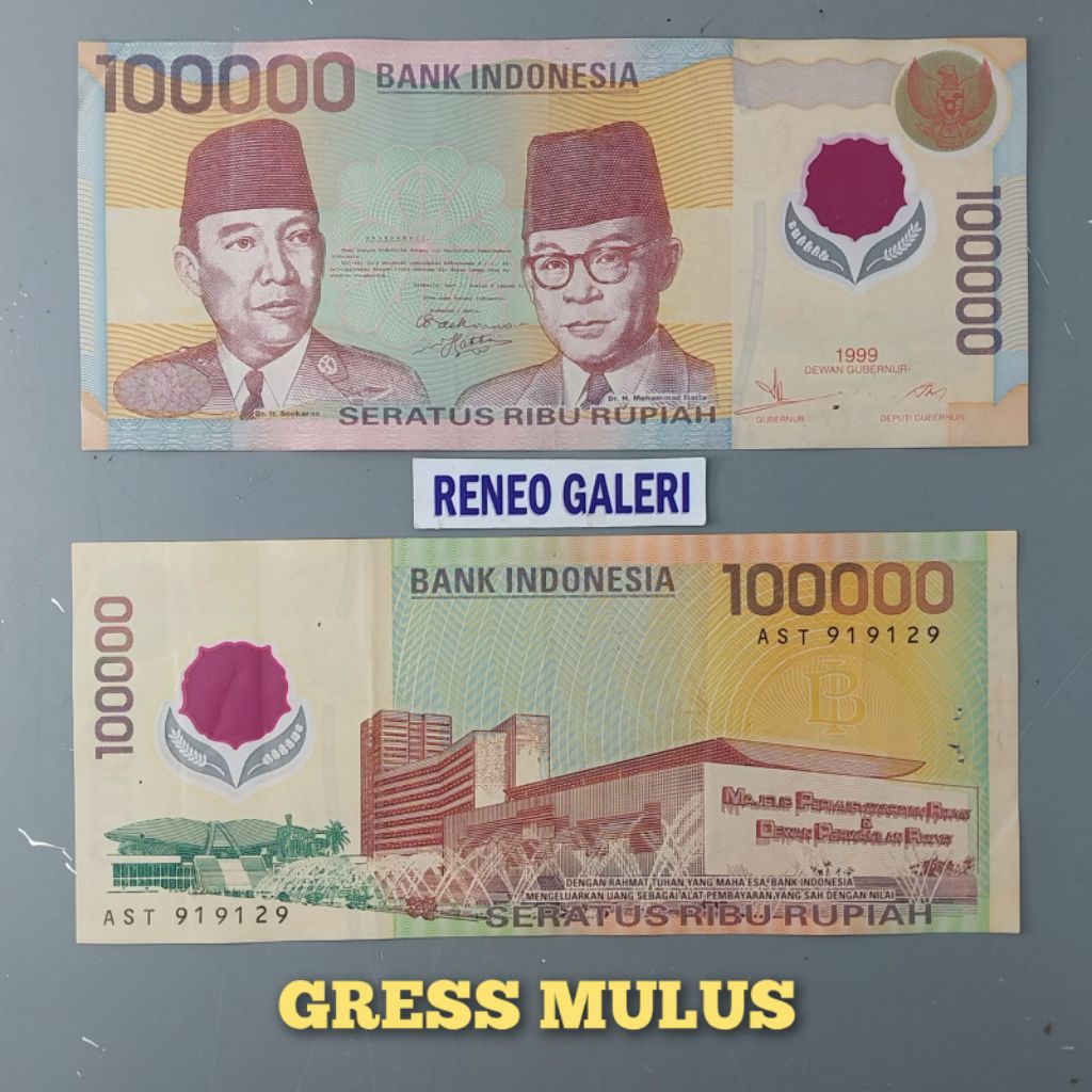 Mulus 100.000 Rupiah Tahun 1999 Sukarno Hatta Mawar Polymer Rp 100000 Uang Kuno polimer merah lama d
