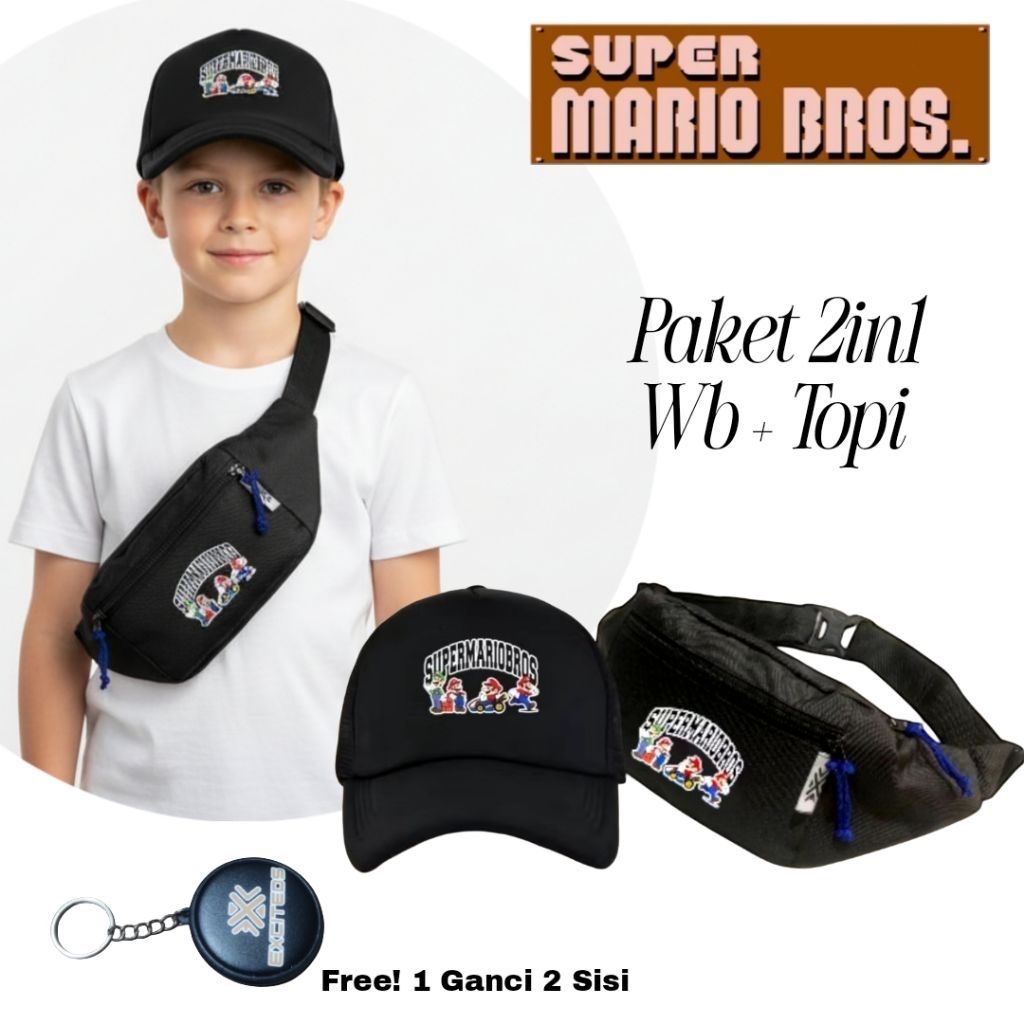 Paket Combo Tas Pinggang Anak Laki - Laki Karakter Mariobros Plus Topi Keren