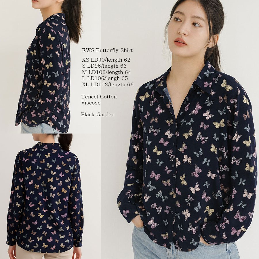 [shp] EASY WEAR by S OLIVER Butterfly Shirt - Baju Atasan Kemeja Kerja Lengan Panjang Motif Kupu-Kup