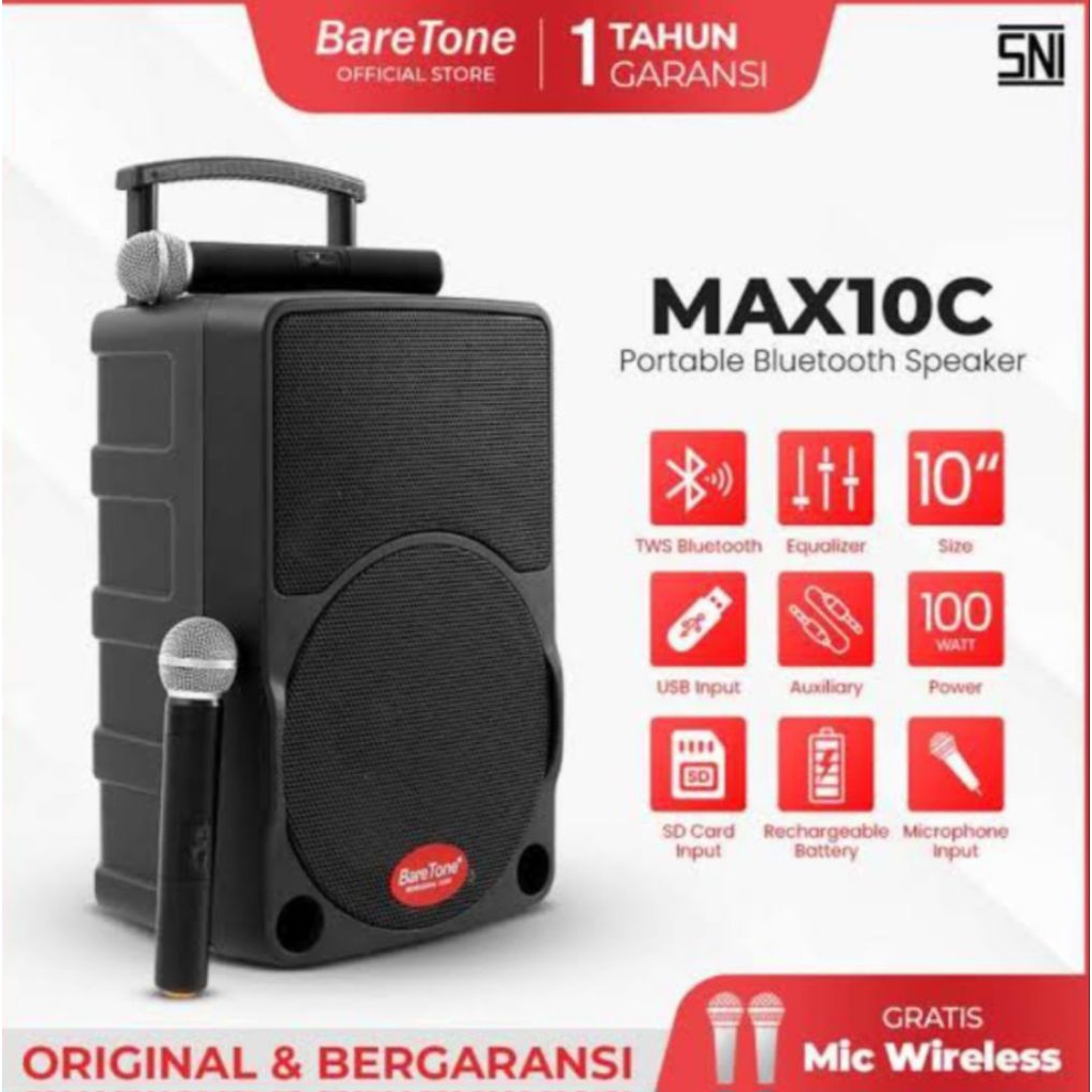 SPEAKER PORTABLE BLUETOOTH BARETONE MAX10C 10 INCH ORIGINAL BARETONE