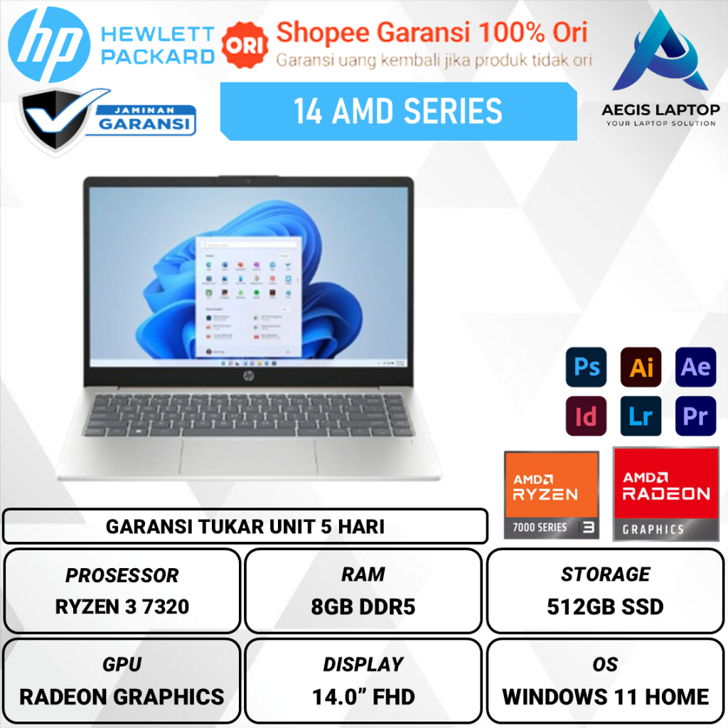 HP 14 AMD Ryzen 3 7320 8GB 512GB W11 14 inch FHD