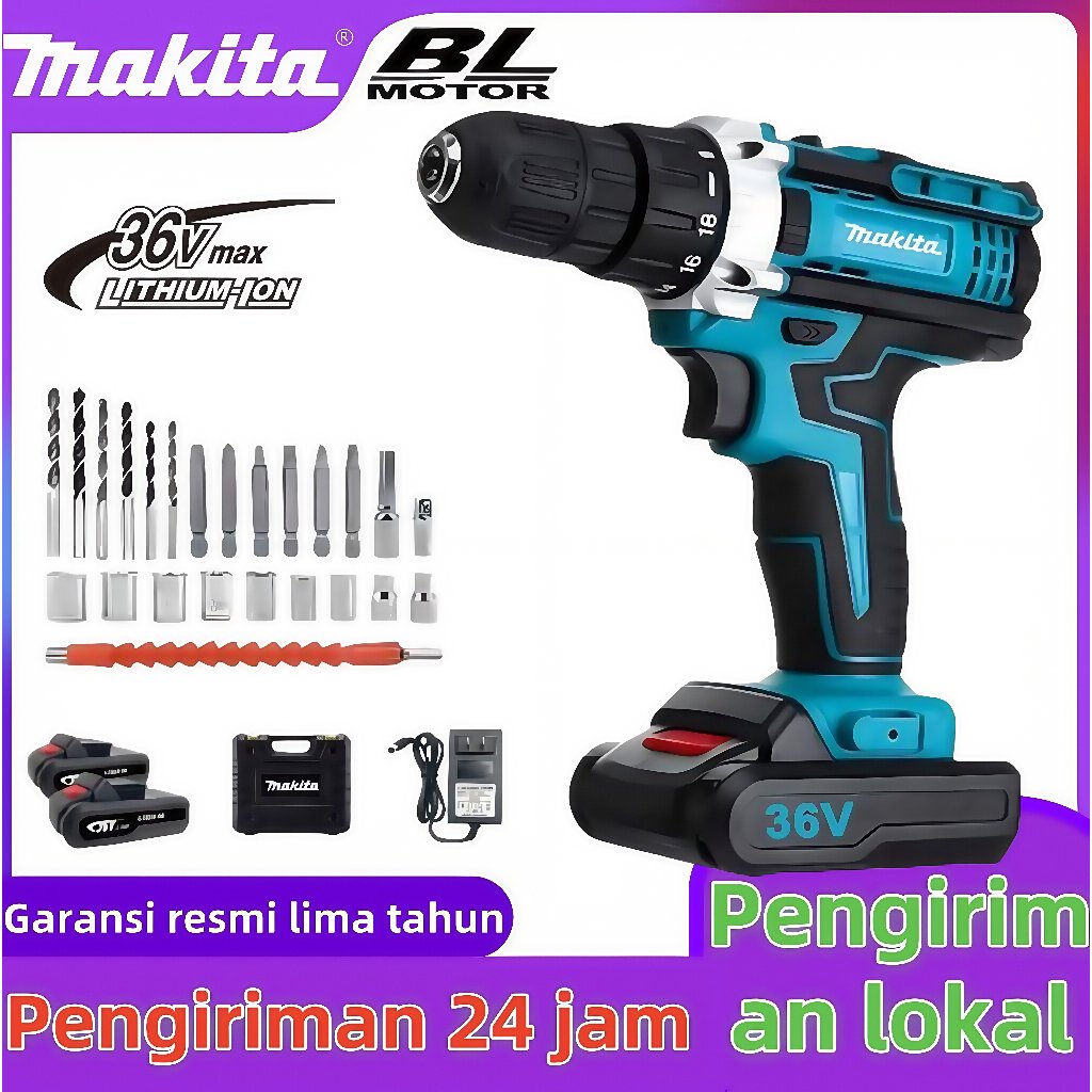 Bor kejut nirkabel Makita 36V, dengan dua baterai dan pengisi daya cepat. Fungsi dampak kuat digunak