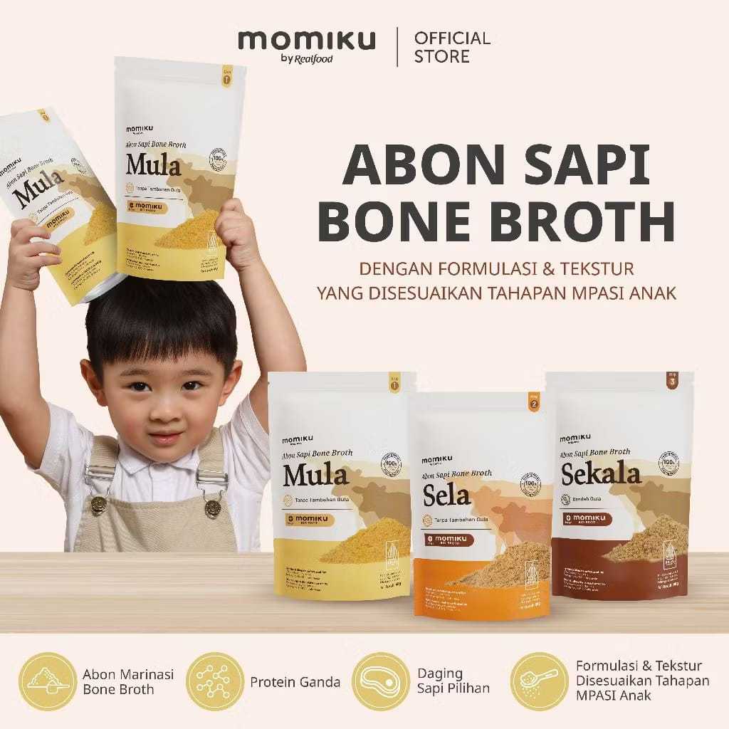 

Realfood MULA , SELA , SEKALA Momiku Abon Sapi Bone Broth ( Mpasi BB Booster Asli Daging Sapi Mpasi Bayi & Anak Sehat Bergizi )