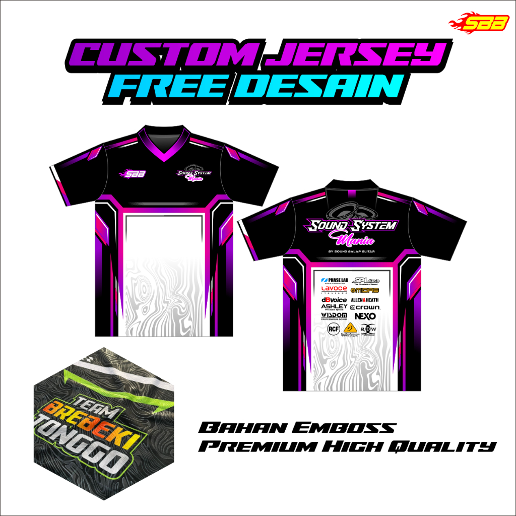 Jersey Custom Cetak Desain Sendiri Printing Emboss Premium Crew Sound System Racing Balap Sound Bala