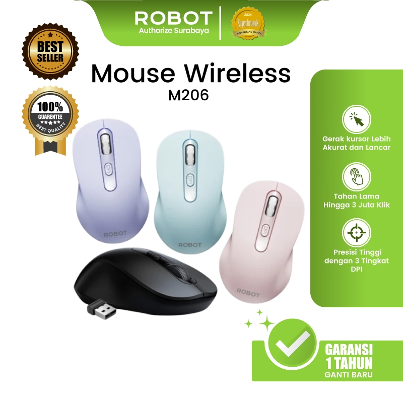 ROBOTMouse Wireless 1600 DPI | Mouse Bluetooth 2.4G Presisi Tinggi Plug & Play Klik 3 Juta Kali | Op
