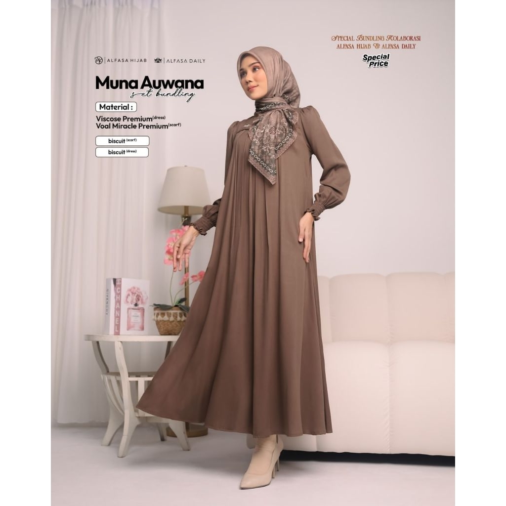 Muna Auwana set, dress midi, free hijab, ori alfasa ,dress polos, dress busui, gamis adem