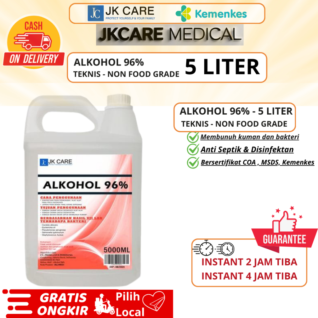 Alkohol 96% Etanol Murni 5 Liter Berkualitas Terbaik Antiseptik & Disinfektan