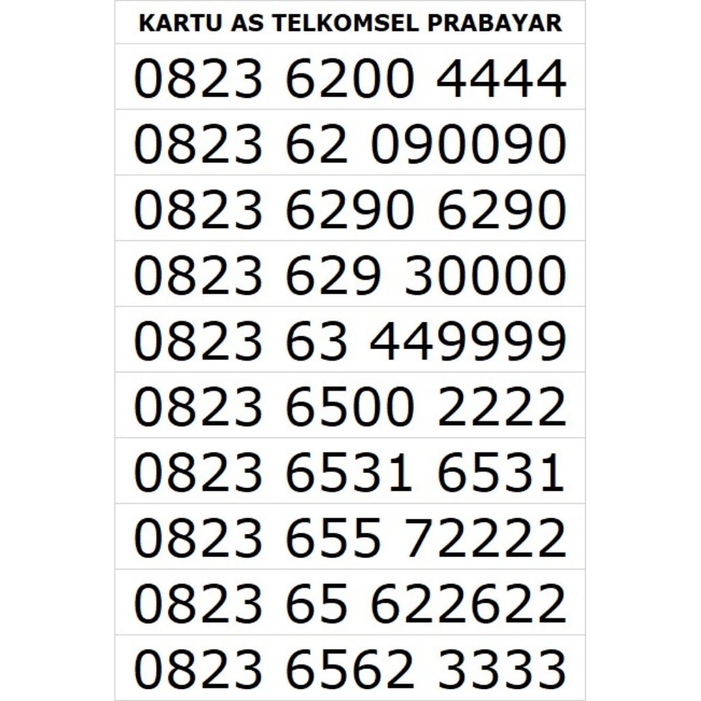 Kartu AS 0823 0852 0853 Telkomsel Prabayar 0000 1111 2222 3333 4444 5555 6666