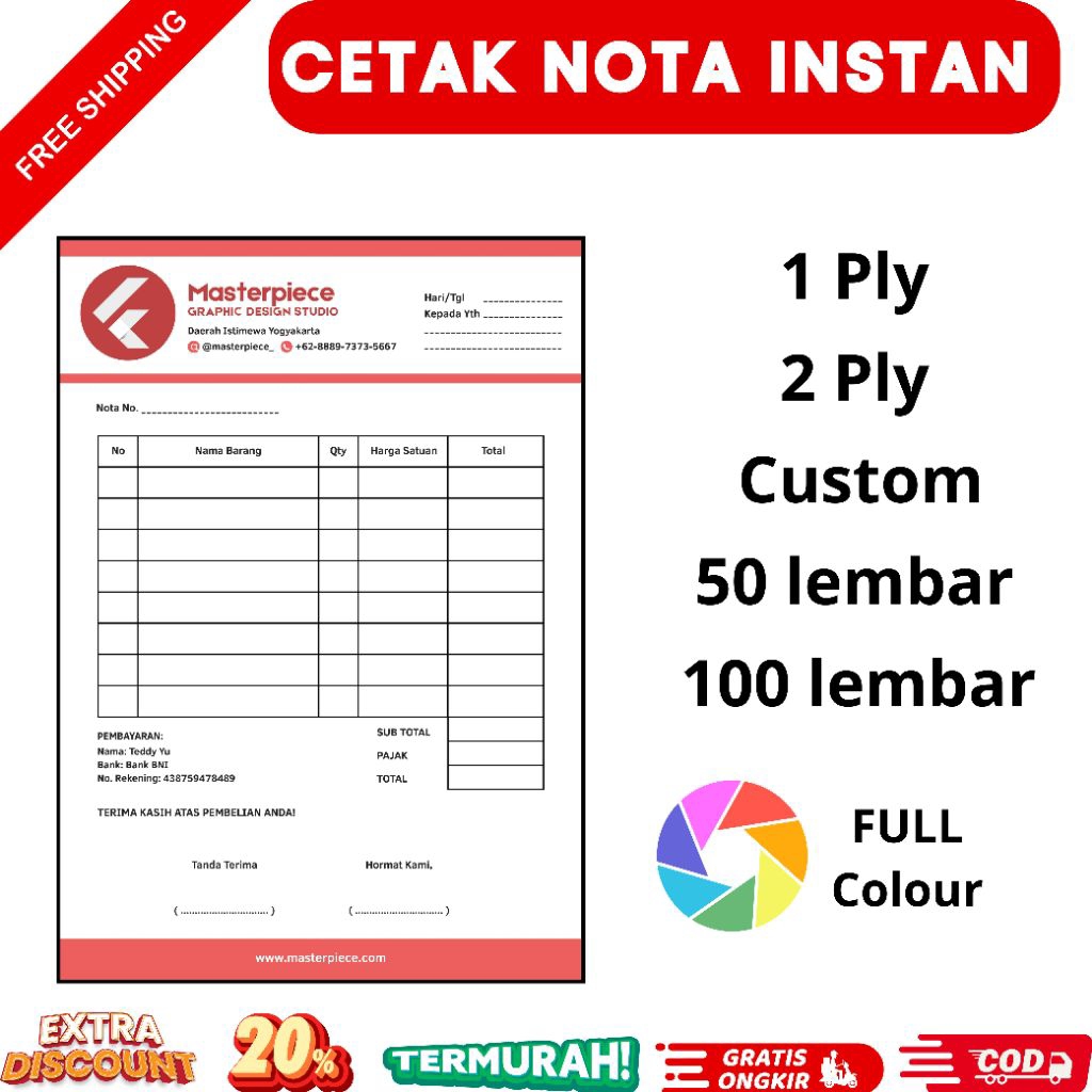 

Cetak Nota/Kwitansi/Invoice Custom 16x20cm Free Desain sampai Fix, Hasil Full Colour