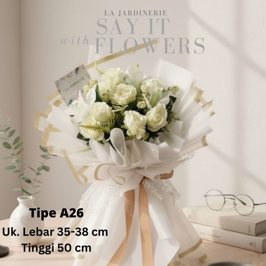 LA JARDINERIE Buket Bunga Putih Gold  Wisuda Sidang Lamaran Artificial Bunga Palsu