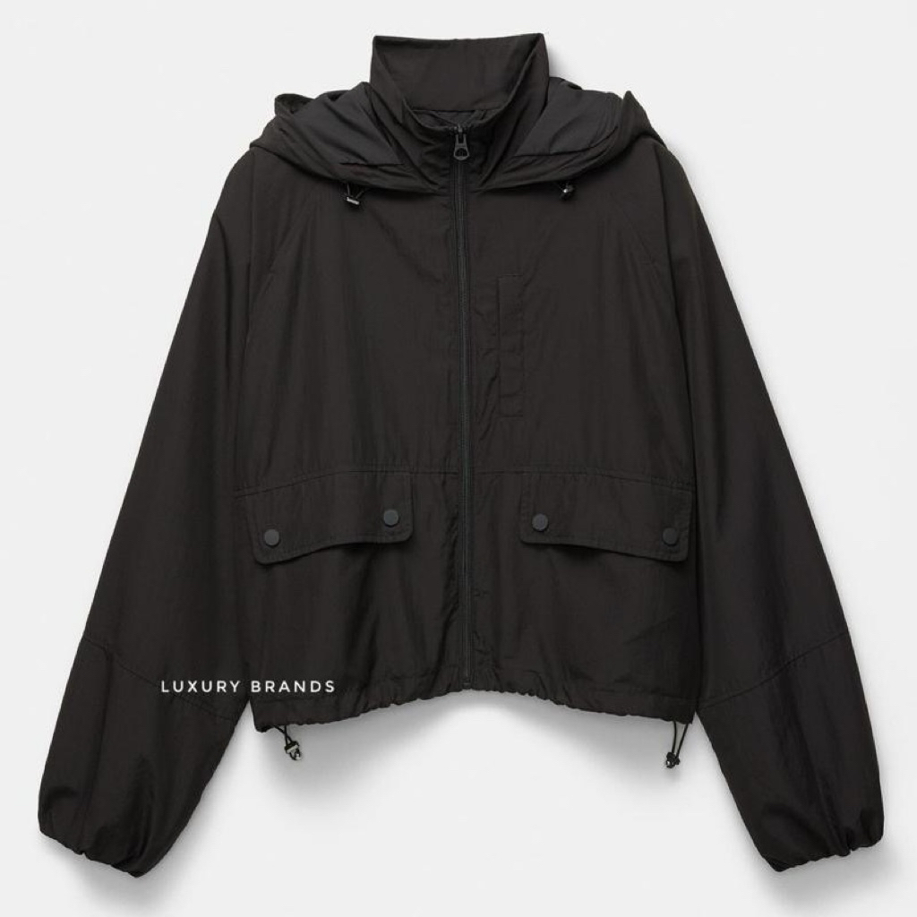 Jaket Hoodie PULL AND BEAR Lightweight Hooded Black Original