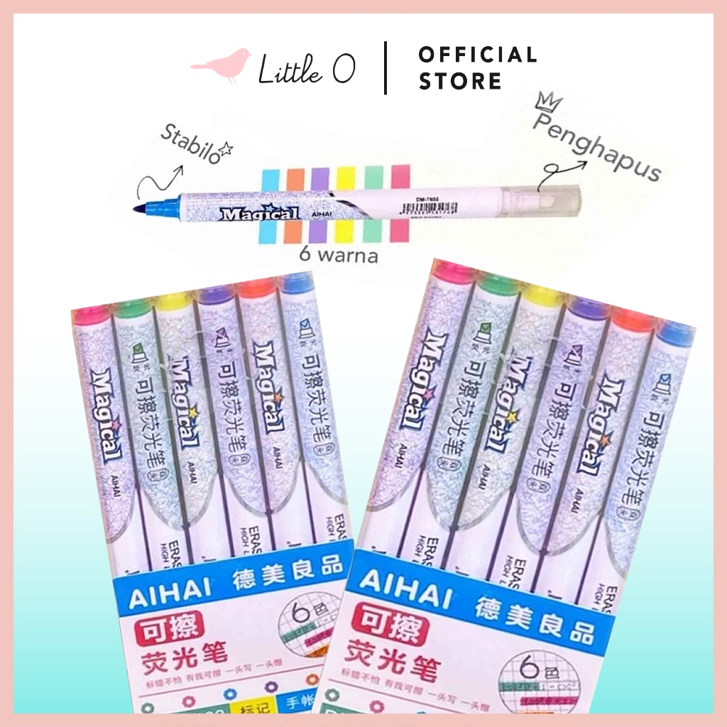 LITTLE O Removable Highlighter Stabilo Set Isi 6 Stabillo Magical Lucu Highlighter Bisa Di Hapus Sta
