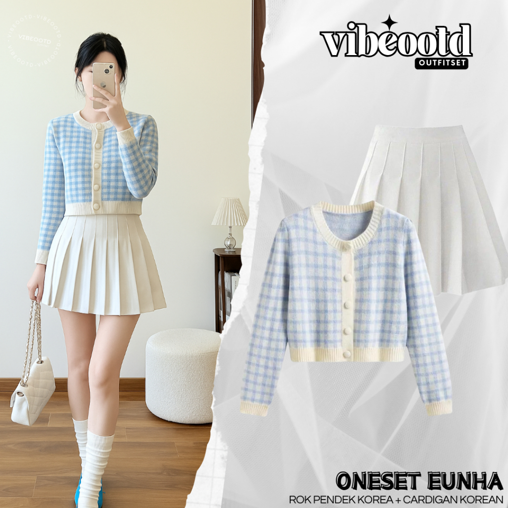Eunha Outfit Set Wanita ( Rok Mini + Cardigan Kotak ) One Set Korean Style |  Setelan Hangout Casual