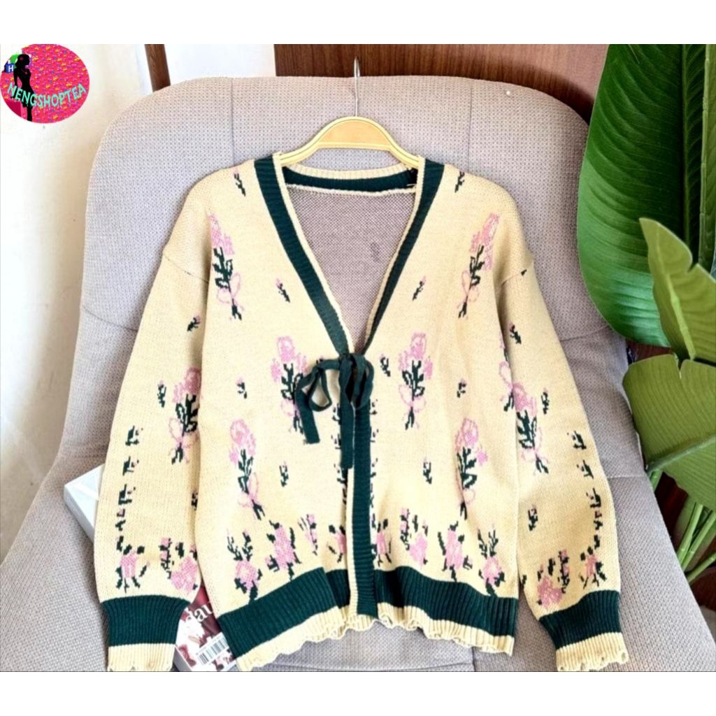 CARDIGAN WANITA/KIMONO CARDIGA/KNITWEAR OUTER TALI PITA/CARDIGAN MOTIF BUNGA BAHAN RAJUT/KIMONO KNIT