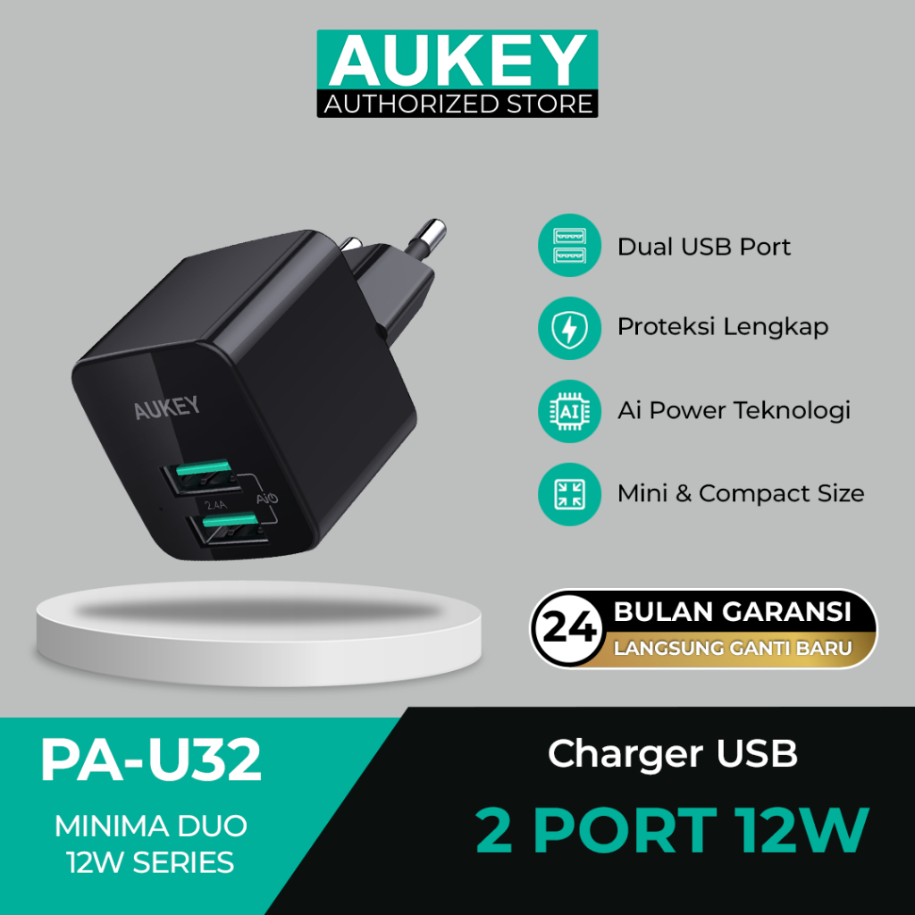 Aukey Charger USB 2 Port 12W Fast Charging Ai Power Technology Dual Port - PA-U32