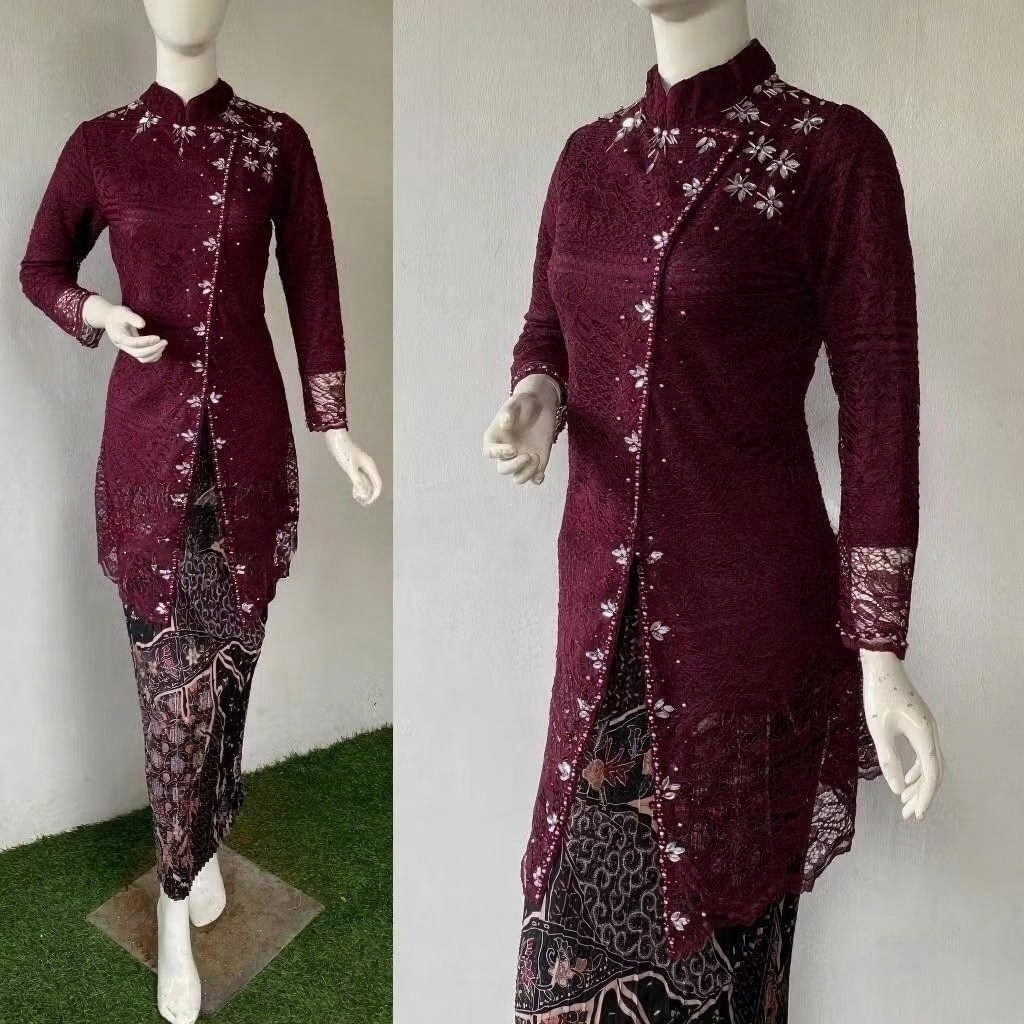 Setelan Kebaya Brokat Payet Brugundy/Kebaya Tunik Payet Syafira/Kebaya Wisuda Brokat Cantik