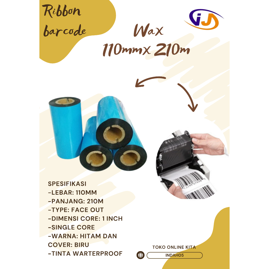 Ribbon Barcode Wax / Sticker Ribbon Wax / Wax Ribbon 110mm x 210m Face Out