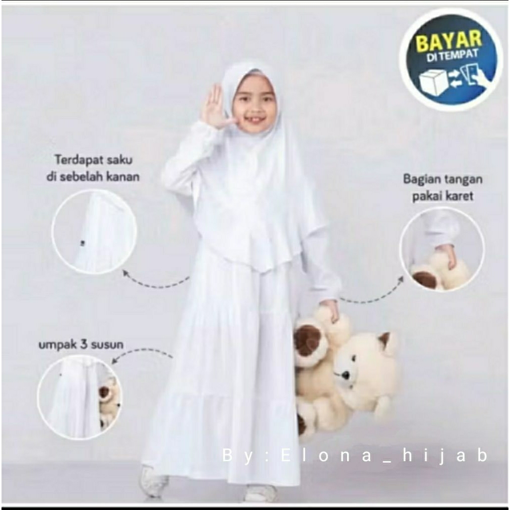 gamis anak perempuan ghania rempel susun putih polos 1-12 tahun