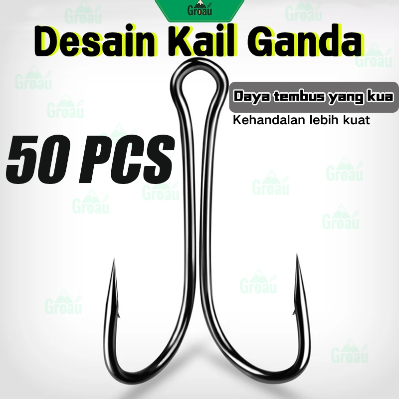 50Pcs Kail Pancing Double Hook Lsi  Terlaris Baja Karbon Kail High Carbon Steel Fishing Hook Soft Fr