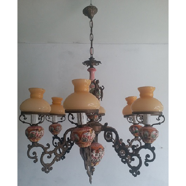 Vintage antik lampu gantung ruangan cabang 5 model majolica Capodimonte