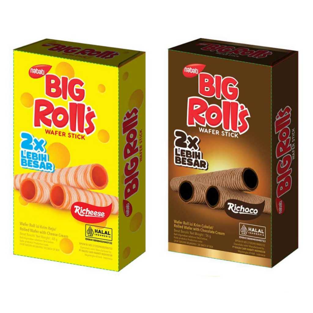 

Nabati Richeese dan Richoco Big Rolls Wafer Stick Lezat Rasa Keju dan Cokelat 48gr