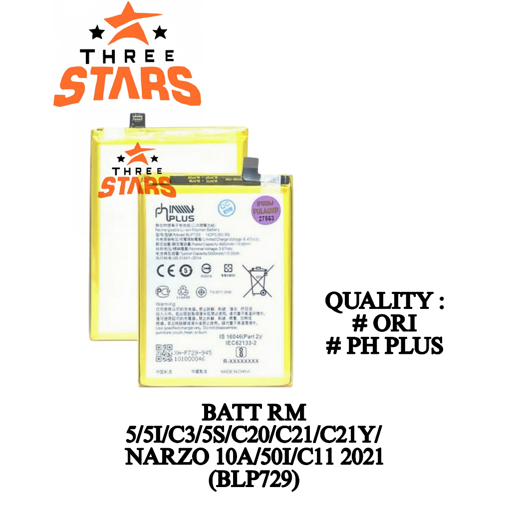 BATT  Realmie 5 / 5I / 5S / C3 / 5s / C20 /C21/ C21Y / NRZ 10A /50I / C112021 ( BLP729)***_THREESTAR