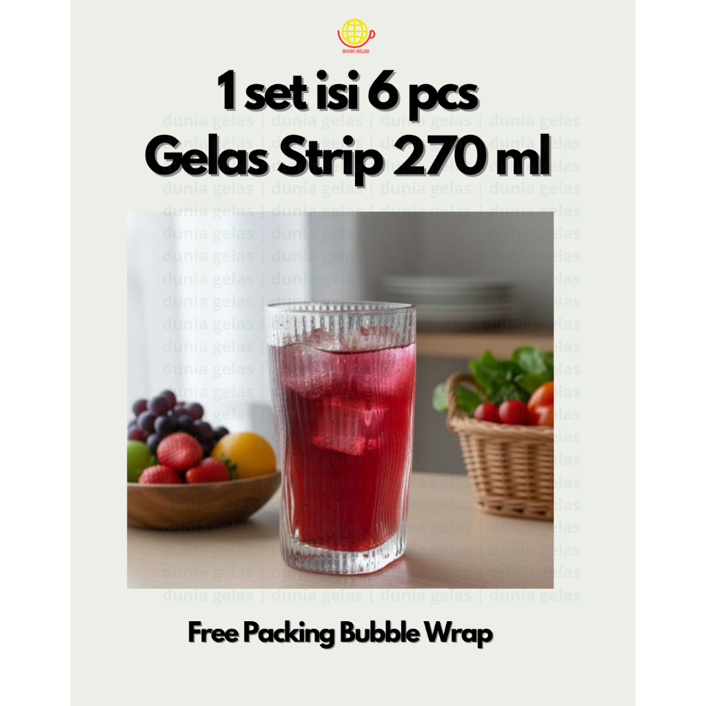 1 set isi 6 pcs Gelas Strip Ribon 270 ml / Gelas Jus / Gelas Estetik / Gelas Kopi / Gelas Resto