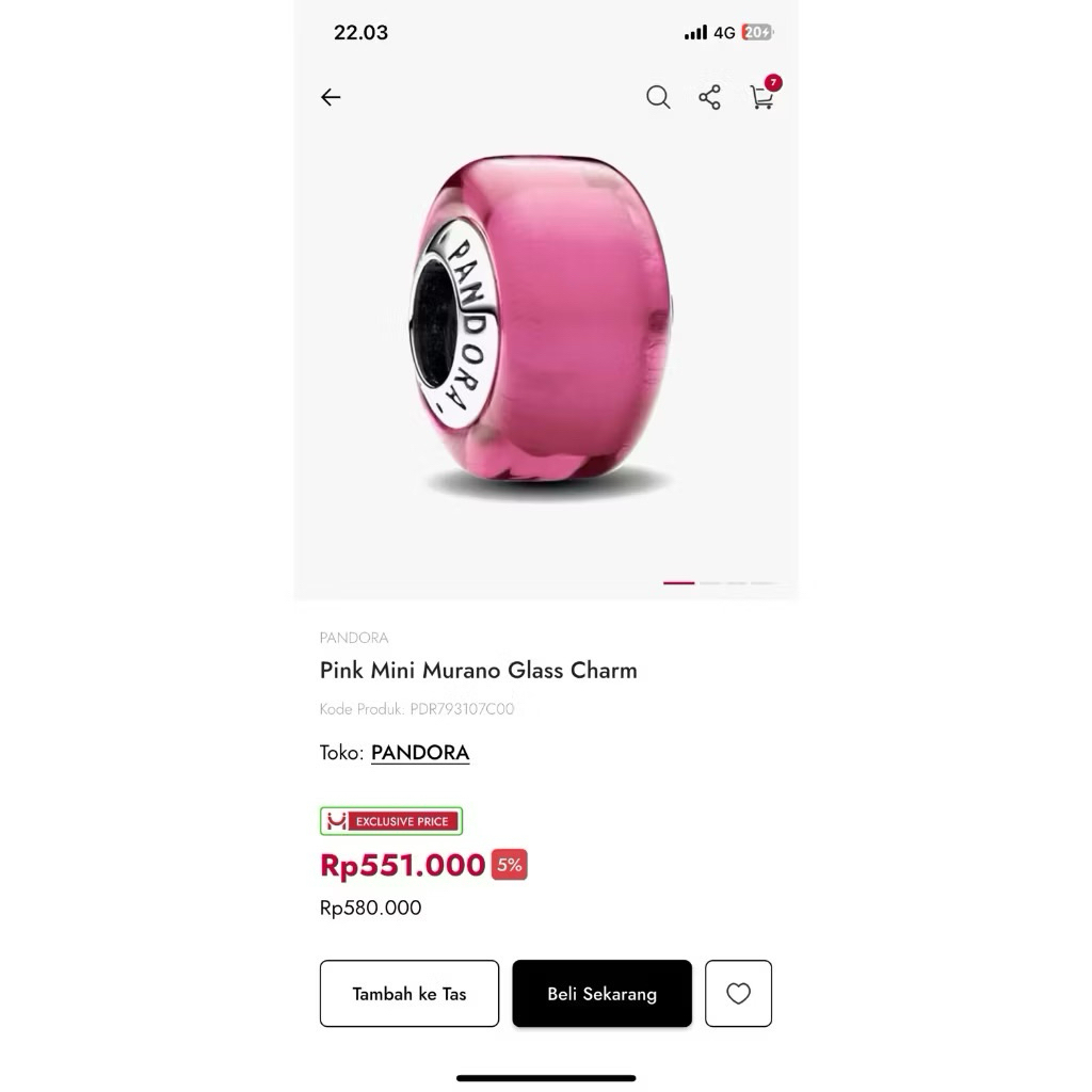 Pink Mini Murano Glass Charm (preloved pandora original 100%)