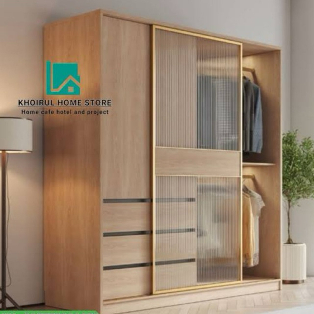 lemari pakaian 2 pintu sliding custom - lemari baju modern kayu jati